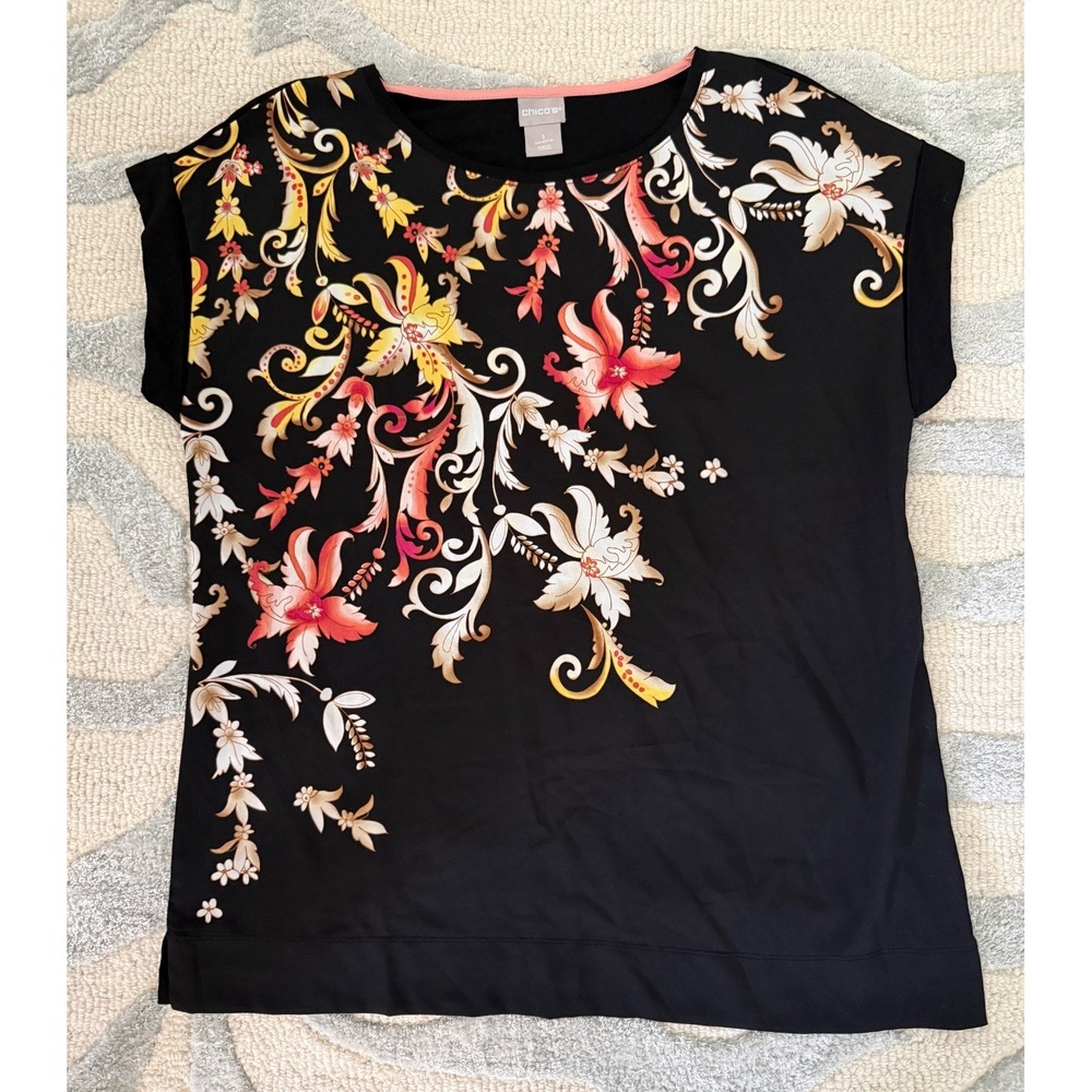 Chico's‎ Women's Black Floral Knit Top Size 1